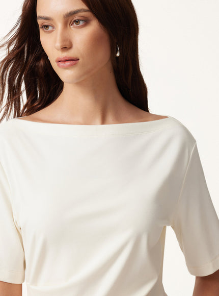 Cotton Blend Boatneck Elbow Sleeve Asymmetrical Tucked Top