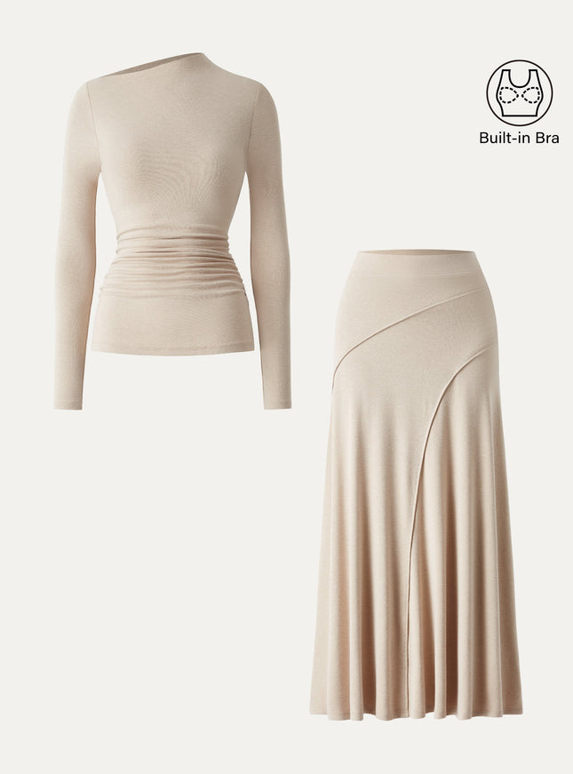 2Pcs Set Asymmetrical Long Sleeve Built-In Bra Top & A-Line Midi Skirt