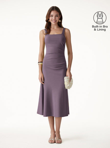 Square Neck Tucked Open Back Built-In Bra Dress