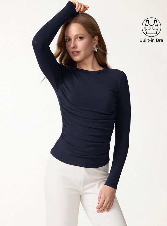 Roundneck Long Sleeve Ruched Built-In Bra Top