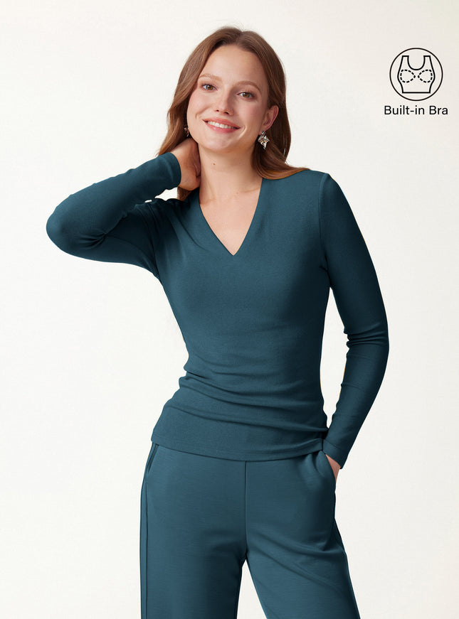 V-Neck Long Sleeve Built-In Bra Top