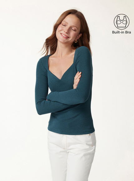 Diamond Neck Long Sleeve Built-In Bra Top
