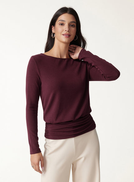 Boatneck Long Sleeve Ruched Banded Hem Top