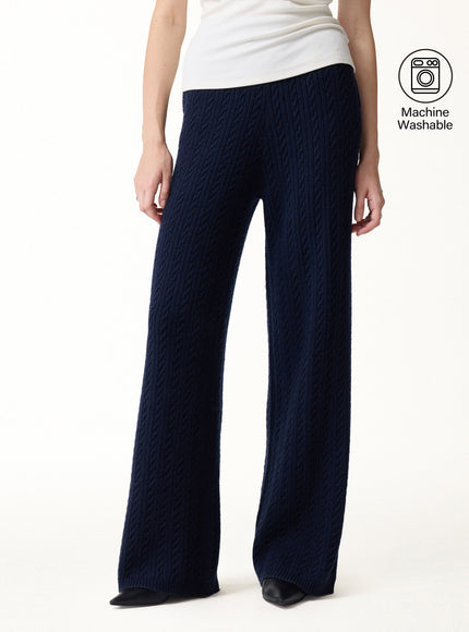 Merino-Blend Cable-Knit Wide-Leg Pants with Pockets
