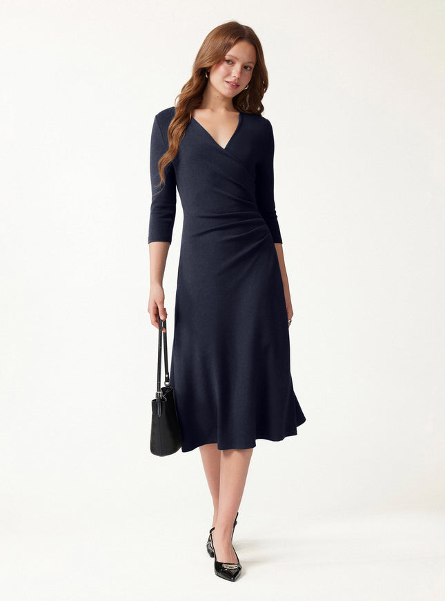 Surplice 3/4 Sleeve Side-Tuck Midi Dress