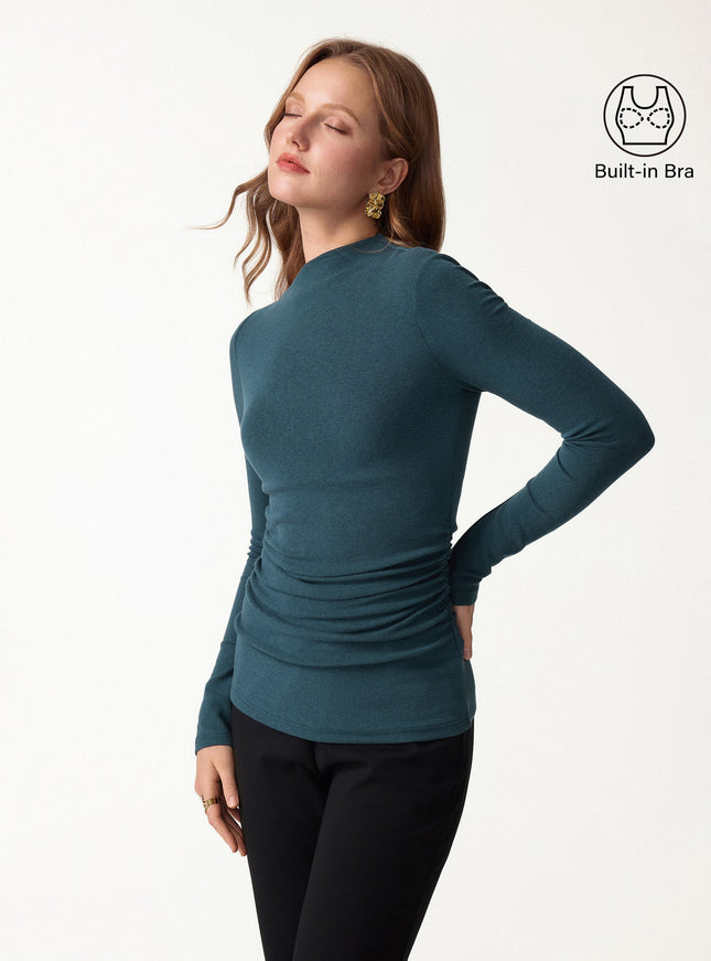 Slanted Mockneck Ruched Built-In Bra Top