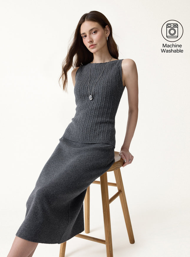 2Pcs Set Merino-Blend Sleeveless Sweater Tank & Merino-Blend Knit Skirt