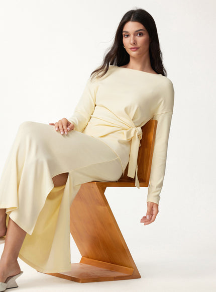 2Pcs Set Boatneck Long Sleeve Top & Mid-Rise Side-Slit Column Midi Skirt