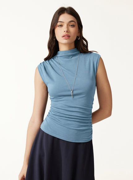 Mock Neck Sleeveless Ruched Top