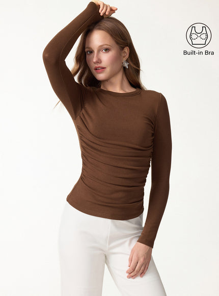 Roundneck Long Sleeve Ruched Built-In Bra Top