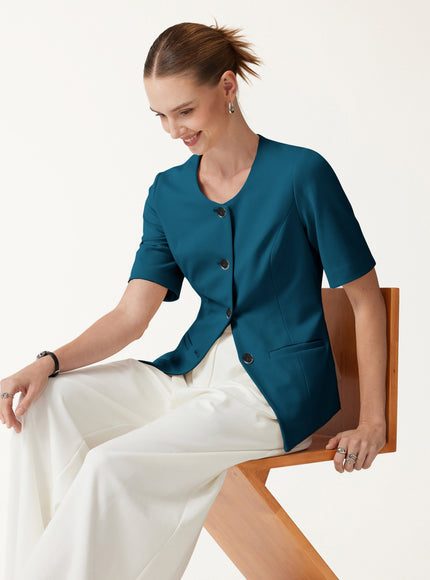 Ponte Office Round Neck Elbow Sleeve Jacket with Pockets