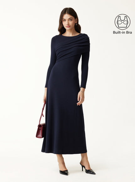 Boatneck Ruched A-Line Midi Built-In Bra Dress