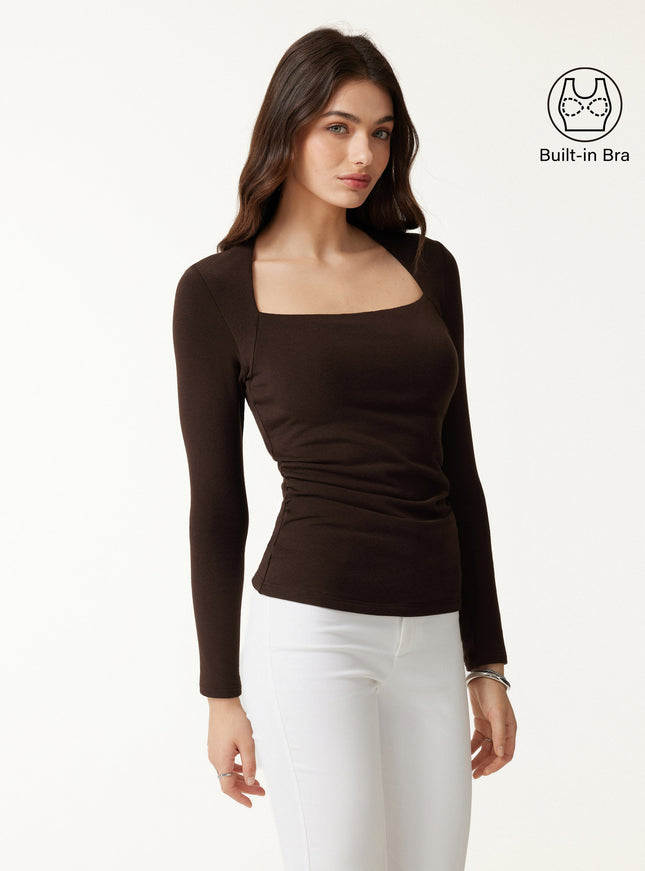 Trapeze Neck Long Sleeve Ruched Built-In Bra Top - Espresso Shut