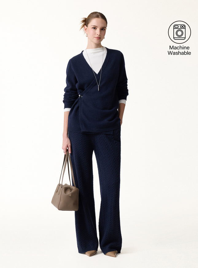2Pcs Set V-Neck Long Sleeve Wrap Sweater & Cable-Knit Wide-Leg Pants with Pockets