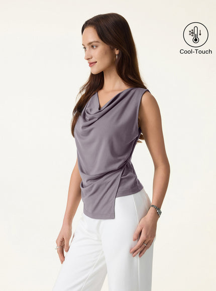 Cowl Neck Asymmetrical Tucked Sleeveless Top
