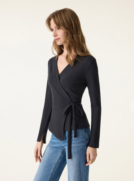 MaxWarm Wide Ribbed Crossover Long Sleeve Tie-Waist Top