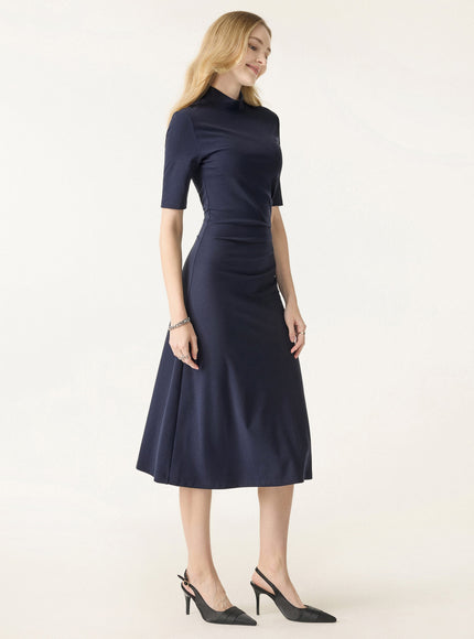 Cotton Blend Mock Neck Elbow Sleeve Tucked A-Line Midi Dress