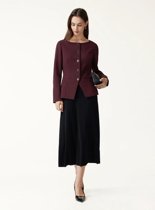 Ponte Office Round Neck Long Sleeve Jacket with Pockets