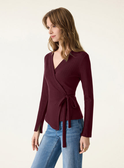 MaxWarm Wide Ribbed Crossover Long Sleeve Tie-Waist Top