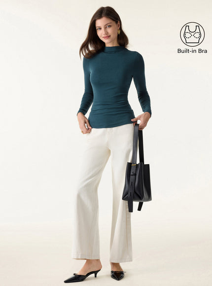 Mockneck Long Sleeve Built-In Bra Top - Forest Night