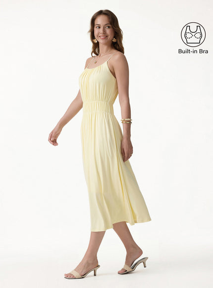 Vacay Gathered U-Neck Spaghetti Midi Built-In Bra Dress with Pockets