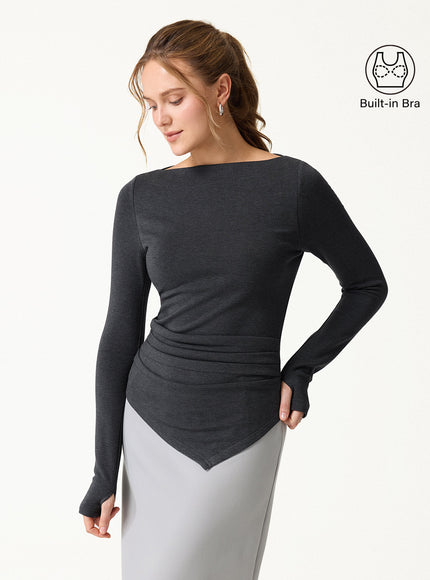 Boatneck Side Tucks Asymmetrical Built-In Bra Top