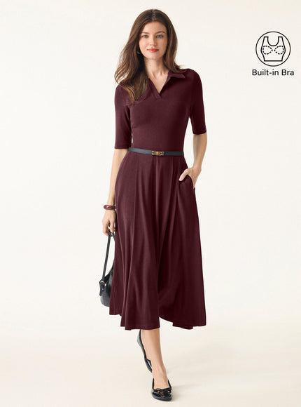 Polo Neck Elbow Length Sleeve Midi Built-In Bra Dress with Pockets
