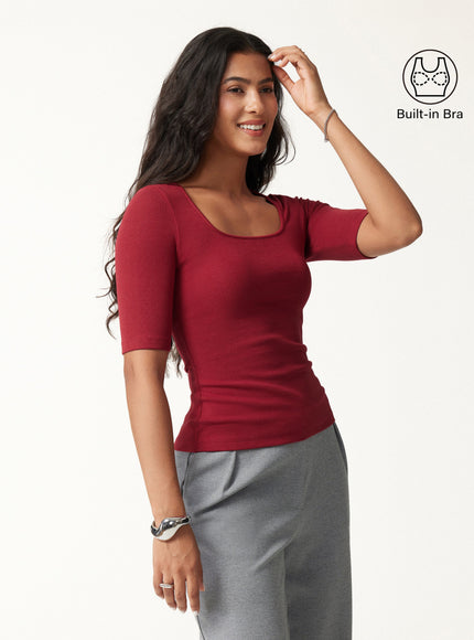Square Neck Elbow Sleeve Built-In Bra Top