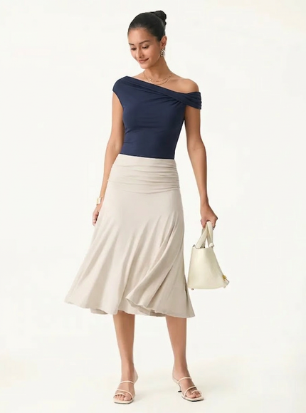 2Pcs Set Multi-wear Built-In Bra Top & Side Ruched A-line Midi Skirt