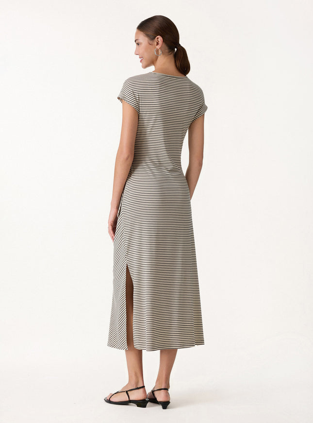 Striped Relaxed Midi Dress with Self-Tie
