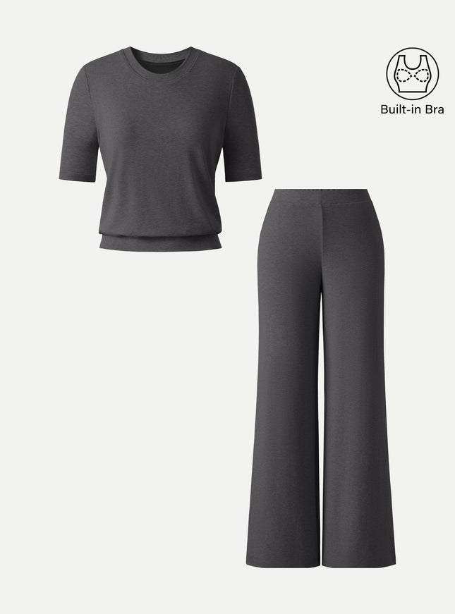 2Pcs Set Regular Mid Rise Wide Leg Pants & Crewneck Built-In Bra Top