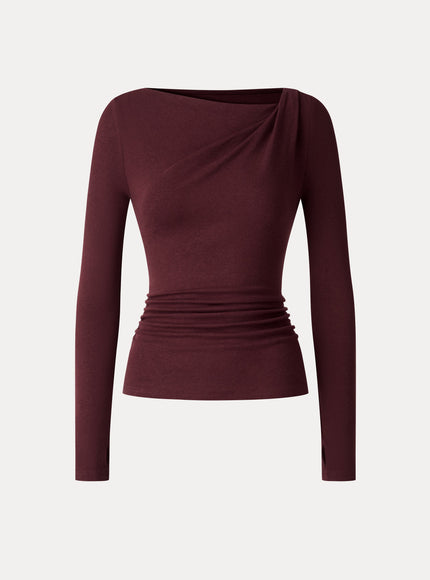 Asymmetrical Neck Long Sleeve Ruched Top