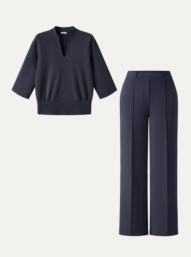 2Pcs Set V-Neck Elbow Sleeve Top & Mid Rise Straight Leg Pants with Pockets