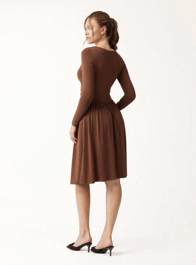 Boatneck Ruched Mini Built-In Bra Dress with Pockets