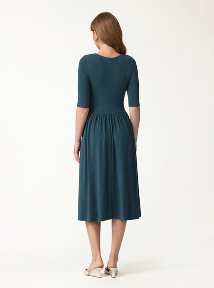Round Neck Fit-and-Flare Midi Built-In Bra Dress with Pockets