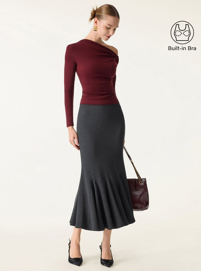 2Pcs Set Convertible Neck Built-In Bra Top & High-Rise Mermaid Midi Skirt