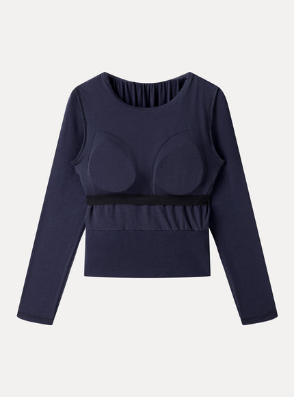 Lyocell-Wool Round Neck Long Sleeve Tucked Built-In Bra Top