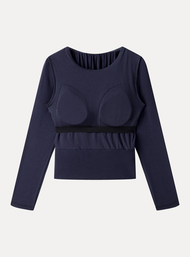 Lyocell-Wool Round Neck Long Sleeve Tucked Built-In Bra Top