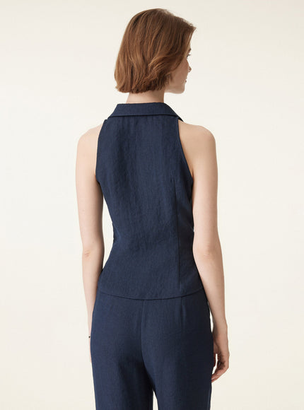 2Pcs Set Collared V-neck Sleeveless Top & Mid Rise Flared Pant with Pockets