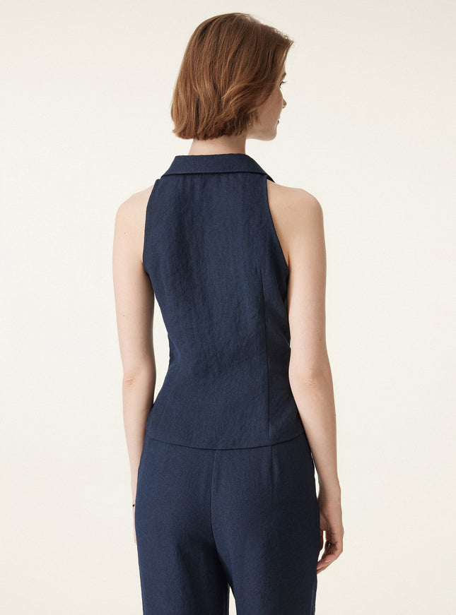 Collared V-neck Pleated Sleeveless Top with Drawstring
