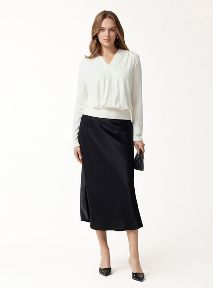 V-Neck Long Sleeve Ruched Banded Hem Top