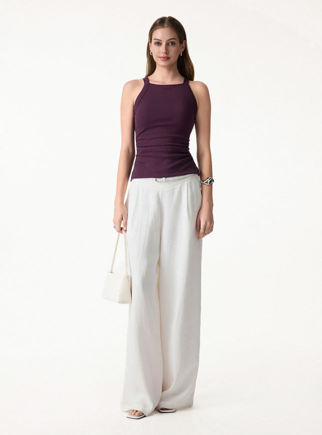 Chic Square Neck Ruched Rib Built-In Bra Tank