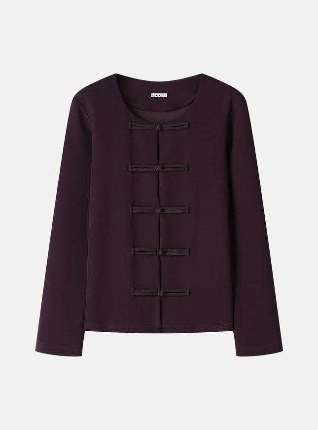 Stretch Ponte Frog-Button Round Neck Long Sleeve Jacket