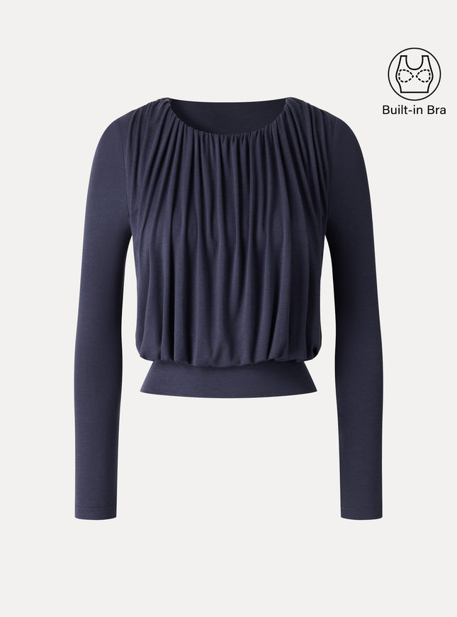 Lyocell-Wool Round Neck Long Sleeve Tucked Built-In Bra Top