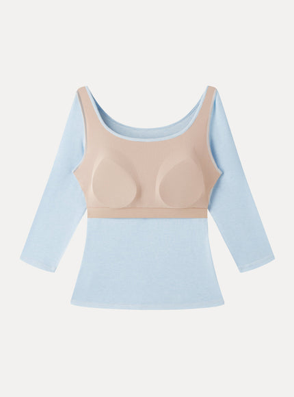 Lyocell-Wool Knit Scoop Neck 3/4 Sleeve Built-In Bra Top