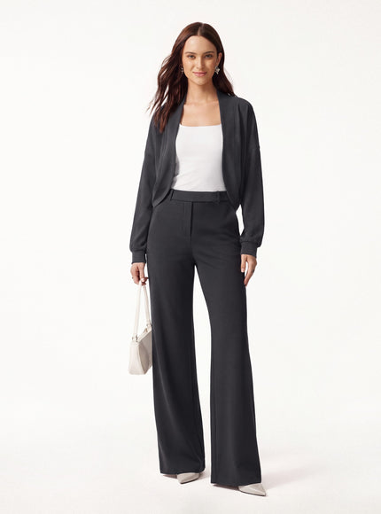 2Pcs Set Long Sleeve Shrug Cardigan & High-Rise Wide Leg Pants with Pockets