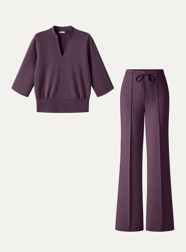 2Pcs Set V-Neck Elbow Sleeve Bam Top & High-Rise Flare Pants with Pockets