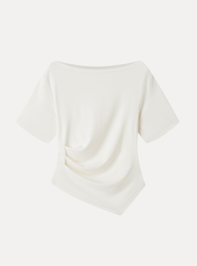 Cotton Blend Boatneck Elbow Sleeve Asymmetrical Tucked Top