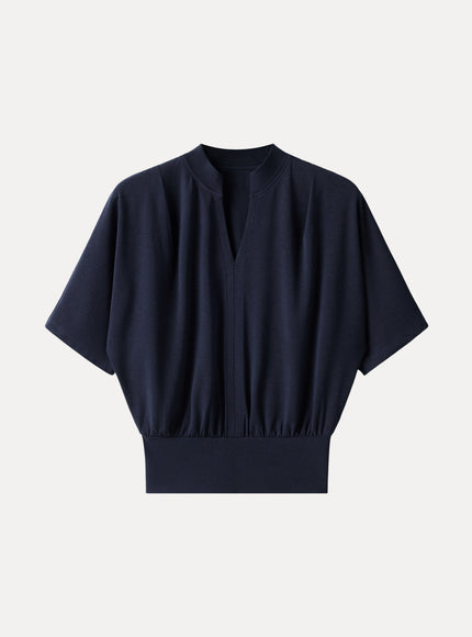 Stand Collar V-Neck Short Sleeve Top