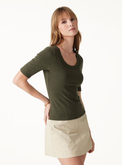 Slub U-Neck Elbow Sleeve Built-In Bra Top